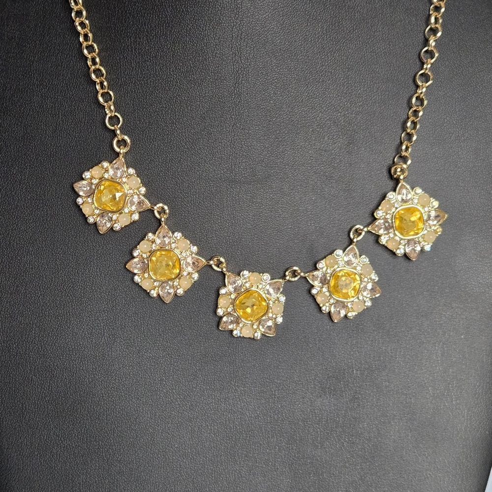 Banana Republic Yellow Crystal Gold-Tone Floral Rhinestones Faux Pearl Necklace